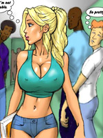 Sexy shaped blonde toon girl blowing huge black dick while being titty fucked.