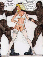 Cartoon blonde bride willingly being fucked by three sex hugnry black strangers.