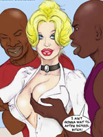 Two horny cartoon black students undressing and touching their white busty teacher.