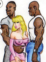 Cartoon blonde hottie with huge juggs giving a head to black stud in the library.